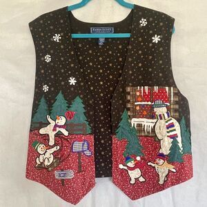 KAREN SCOTT Vest Black Gold Stars Playful Snowman Christmas Embroidered Size L